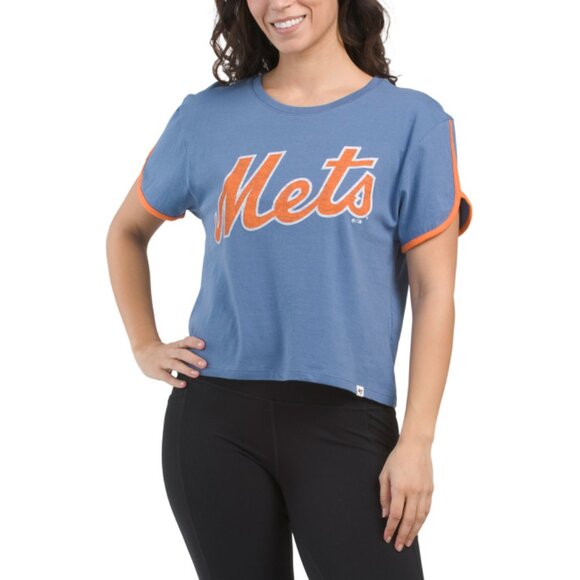 MLB Blue Premier Wordmark Dolphin Hem Crop Top - Picture 1 of 2